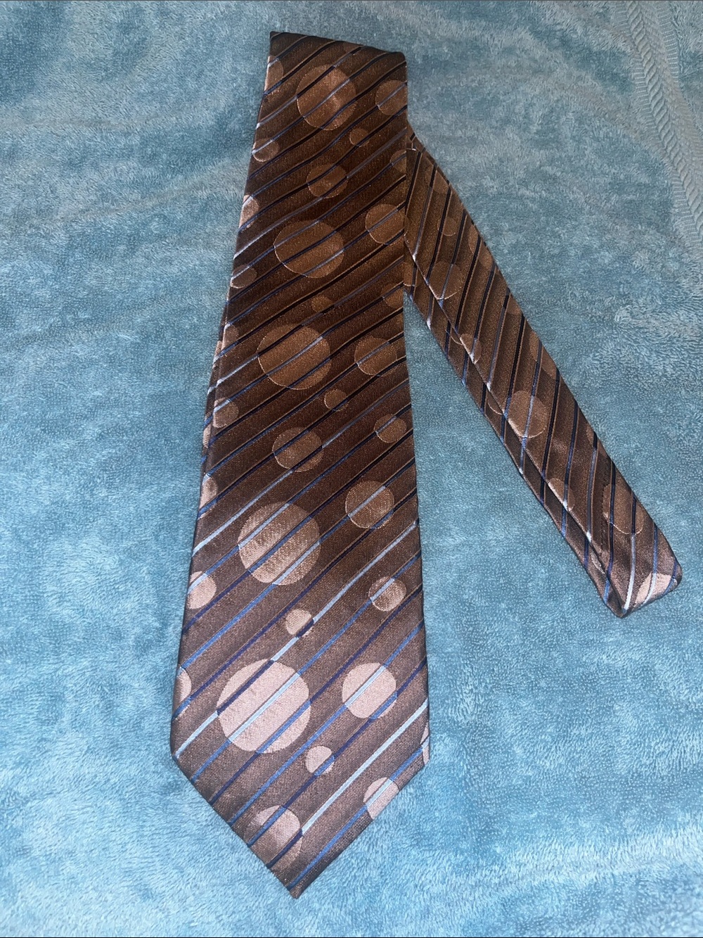 KENZO Paris Vintage Men's Silk Necktie Brown Metallic Tan Circles & Stripes RARE